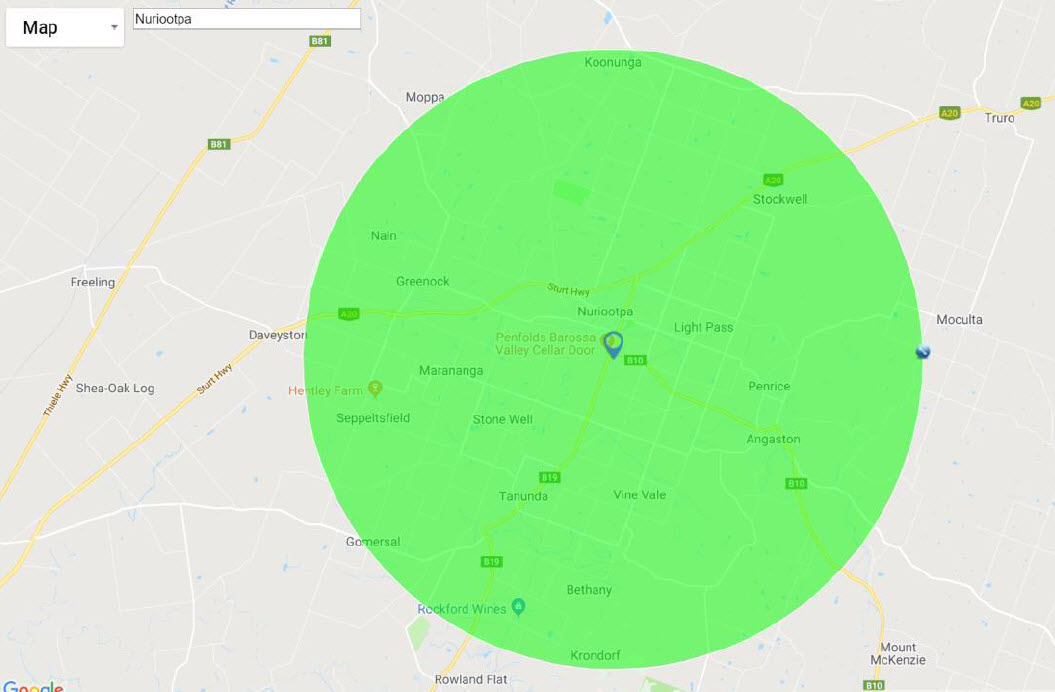 Map of Barossa Bike Hire pick up and delivery radius